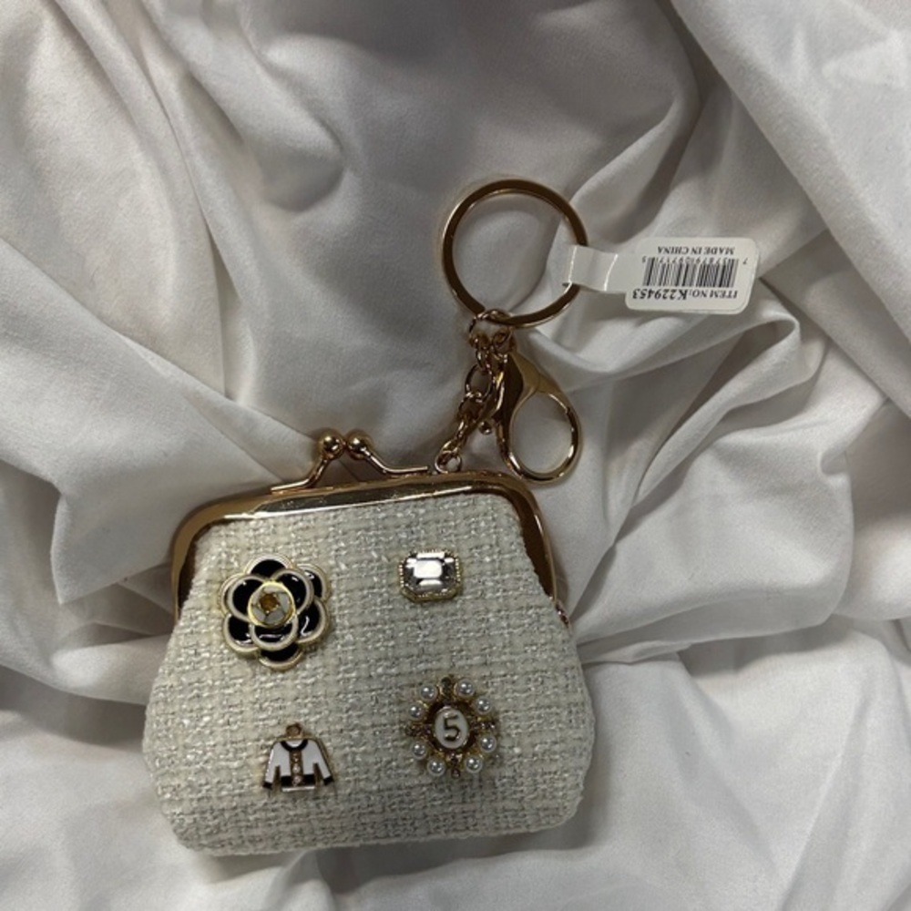 Kiss lock Tweed Coin Purse Gold charm Accents keychain pink or blue or cream